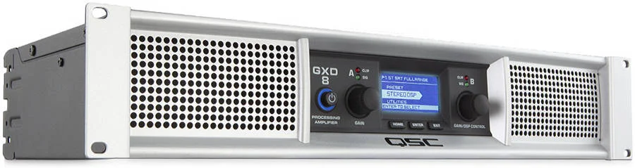 آمپلی فایر قدرت حرفه ای QSC GXD 8 با توان 4500 وات به همراه پردازشگر سیگنال دیجیتال (DSP)، مناسب برای بلندگوهای 4 و 8 اهم، آمپلی فایر کلاس D، فیلترهای بالاگذر و پایین گذر با اکولایزر 4 باندی، نمایشگر LCD، ورودی های موازی XLR و 1/4 اینچی، سفید | GXD8