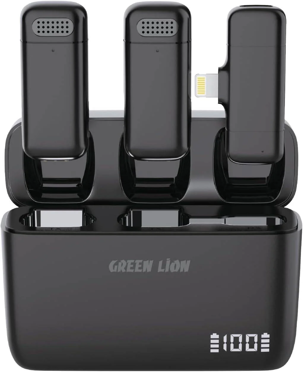 میکروفون بی سیم دوگانه Green Lion با سر لایتنینگ، انتقال از راه دور، جفت شدن خودکار، اتصال و پخش آسان، 7 ساعت کارکرد، سازگار با دستگاه های Type-C، طراحی جمع و جور و سبک - مشکی