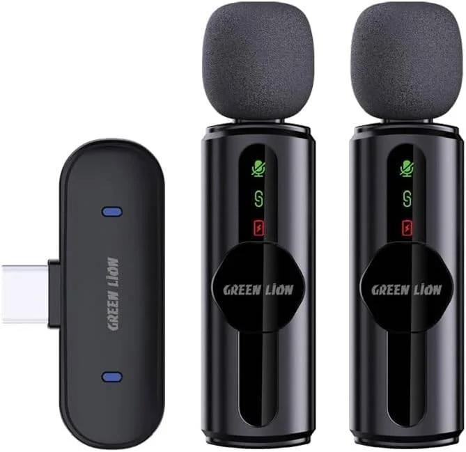 میکروفون دوگانه 3 در 1 گرین لاین مدل GM-76X، برد انتقال 20 متری، عمر باتری 5 ساعته، باتری میکروفون 65 میلی آمپر، حالت Reverb، کیفیت صدای HD، تاخیر بسیار کم، پشتیبانی از Lightning Head/USB-C/USB-A - مشکی