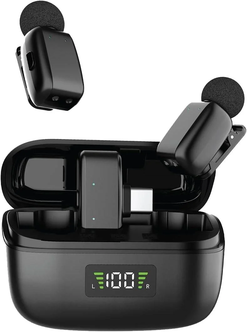 میکروفون بی سیم دوگانه Green Lion Flex Mic Duo با کانکتور Type C 2 در 1، شامل کانکتور لایتنینگ، ظرفیت باتری کیس 300mAh و میکروفون 60mAh، نمایشگر دیجیتال، عملکرد تغییر صدا، اتصال آسان - مشکی