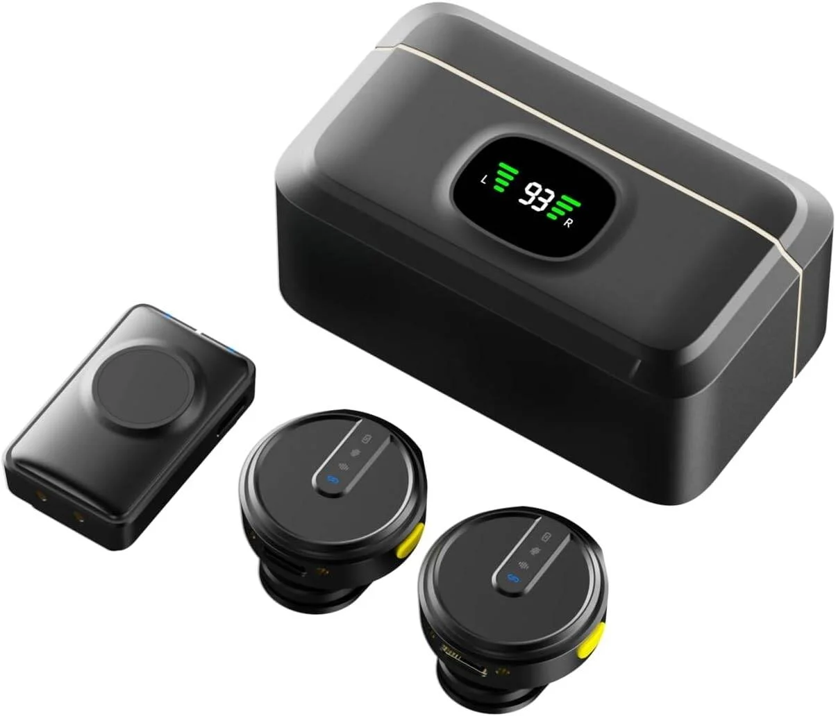 میکروفون بی سیم لایت Green Lion GLM، جمع و جور و قابل حمل، نمایشگر دیجیتال، برد انتقال تا 20 متر، فرکانس دیجیتال 2.4 گیگاهرتز، 21 ساعت با کیس شارژ، 21 ساعت کارکرد با باتری 800 میلی آمپر ساعت