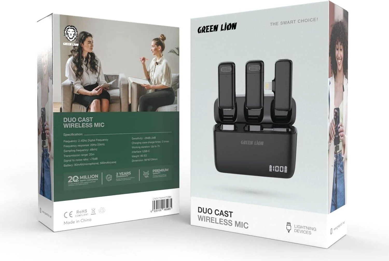 میکروفون بی سیم دوگانه Green Lion با سر لایتنینگ، انتقال از راه دور، جفت شدن خودکار، اتصال و پخش آسان، 7 ساعت کارکرد، سازگار با دستگاه های Type-C، طراحی جمع و جور و سبک - مشکی