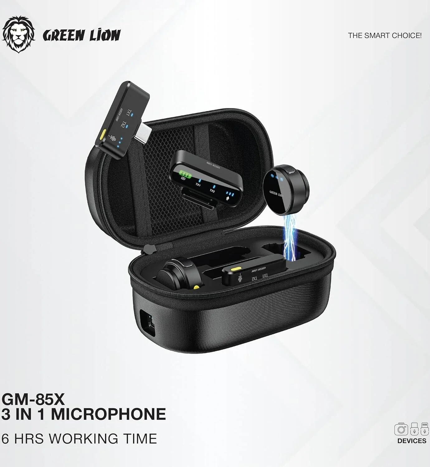 میکروفون بی سیم 3 در 1 گرین لاین مدل GM-85X، نمایشگر LED، 6 ساعت زمان کارکرد، گیرنده USB-C/Lightning/دوربین، حالت کاهش نویز/Reverb/بی صدا، صدای فراگیر 360 درجه، Plug & Play - مشکی میکروفون بی سیم 3 در 1 گرین لاین مدل GM-85X، نمایشگر LED، 6 ساعت زمان کارکرد، گیرنده USB-C/Lightning/دوربین، حالت کاهش نویز/Reverb/بی صدا، صدای فراگیر 360 درجه، Plug & Play - مشکی