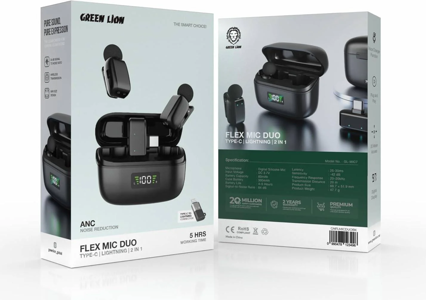 میکروفون بی سیم دوگانه Green Lion Flex Mic Duo با کانکتور Type C 2 در 1، شامل کانکتور لایتنینگ، ظرفیت باتری کیس 300mAh و میکروفون 60mAh، نمایشگر دیجیتال، عملکرد تغییر صدا، اتصال آسان - مشکی میکروفون بی سیم دوگانه Green Lion Flex Mic Duo با کانکتور Type C 2 در 1، شامل کانکتور لایتنینگ، ظرفیت باتری کیس 300mAh و میکروفون 60mAh، نمایشگر دیجیتال، عملکرد تغییر صدا، اتصال آسان - مشکی