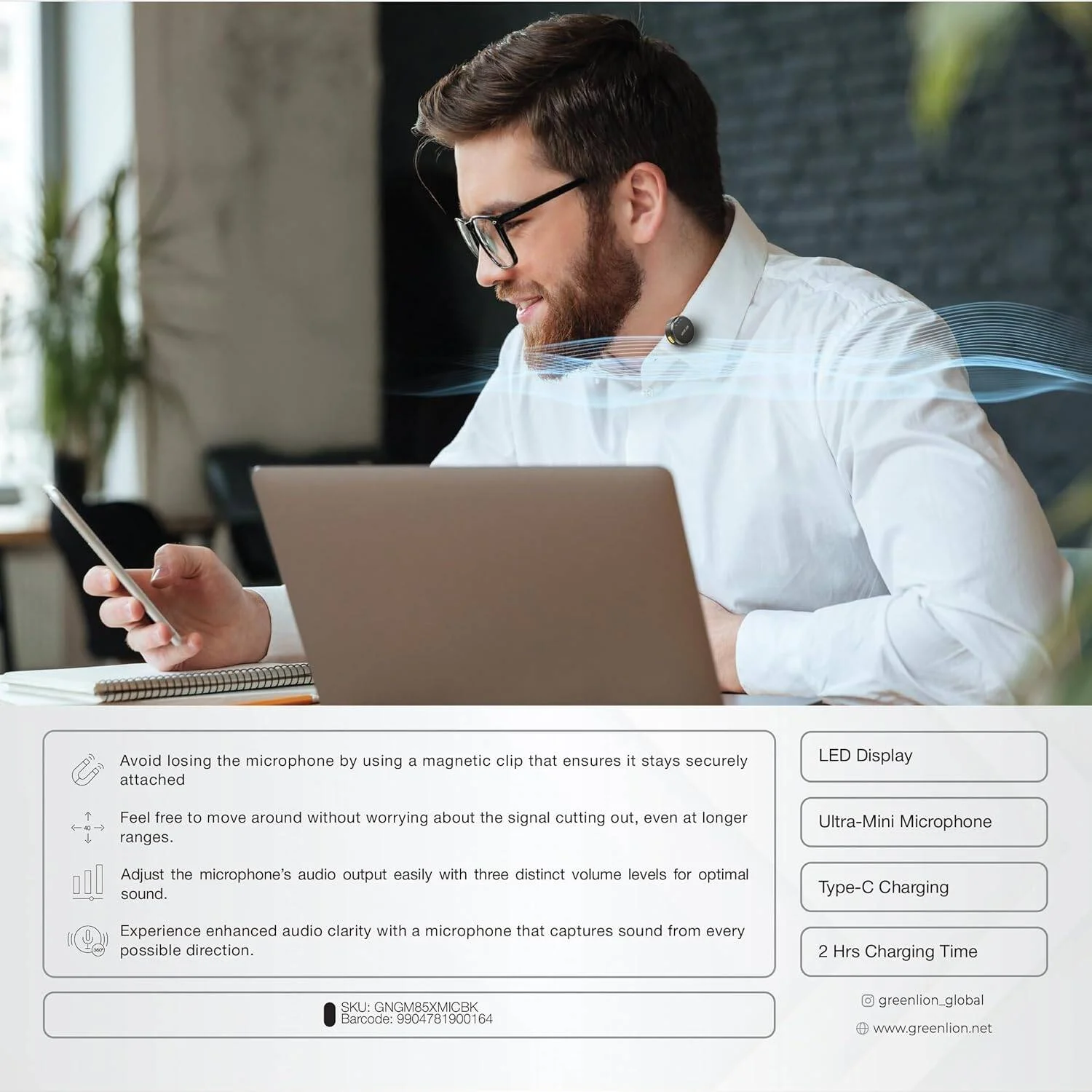 میکروفون بی سیم 3 در 1 گرین لاین مدل GM-85X، نمایشگر LED، 6 ساعت زمان کارکرد، گیرنده USB-C/Lightning/دوربین، حالت کاهش نویز/Reverb/بی صدا، صدای فراگیر 360 درجه، Plug & Play - مشکی میکروفون بی سیم 3 در 1 گرین لاین مدل GM-85X، نمایشگر LED، 6 ساعت زمان کارکرد، گیرنده USB-C/Lightning/دوربین، حالت کاهش نویز/Reverb/بی صدا، صدای فراگیر 360 درجه، Plug & Play - مشکی