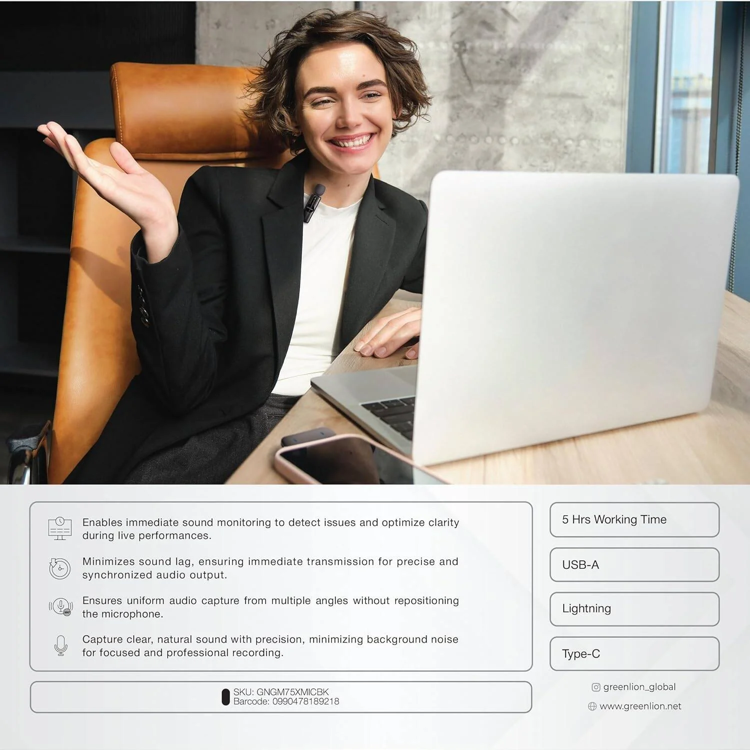 میکروفون 3 در 1 Green Lion GM-75X، نظارت بی‌درنگ، تأخیر بسیار کم، 360 درجه همه جهته، حالت Reverb، کیفیت صدای HD، عمر باتری 5 ساعته، باتری قابل شارژ 65 میلی آمپر ساعتی، برد انتقال 20 متری - مشکی