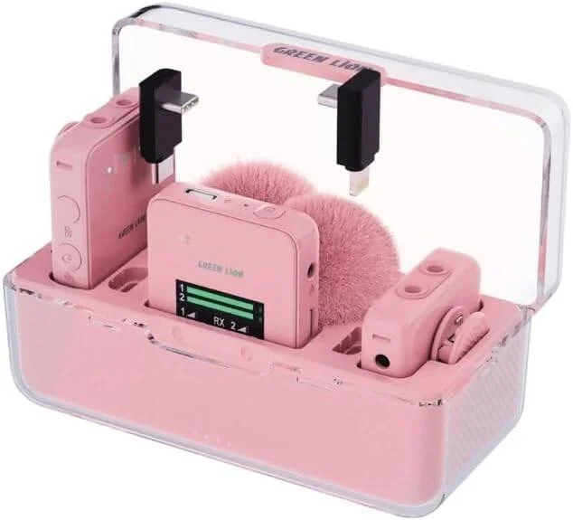 میکروفون حرفه ای گرین لاین GLM، برد کاری تا 100 متر، انتقال دیجیتال، جمع و جور و قابل حمل، حذف نویز محیطی، نظارت بلادرنگ، 2 عدد میکروفون و 1 عدد گیرنده - صورتی