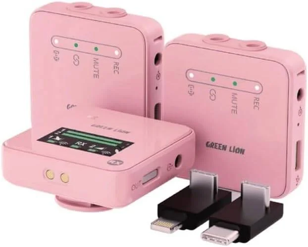 میکروفون حرفه ای گرین لاین GLM، برد کاری تا 100 متر، انتقال دیجیتال، جمع و جور و قابل حمل، حذف نویز محیطی، نظارت بلادرنگ، 2 عدد میکروفون و 1 عدد گیرنده - صورتی