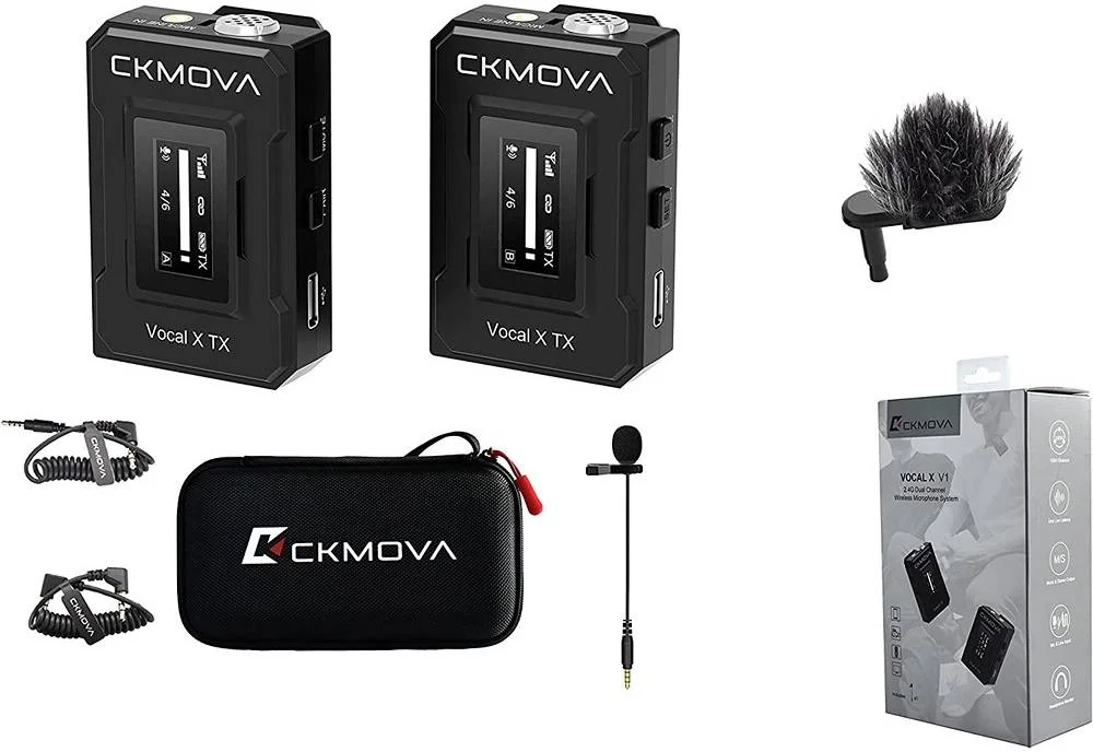 سیستم میکروفون یقه ای استریو بی سیم 2.4 گیگاهرتز CKMOVA Vocal X V1 به همراه کیف حمل و میکروفون یقه ای هدفون 3.5 میلی متری، برای دوربین های DSLR، بدون آینه و تلفن های هوشمند با 10 ساعت زمان کارکرد، مشکی | VOCAL-X-V1