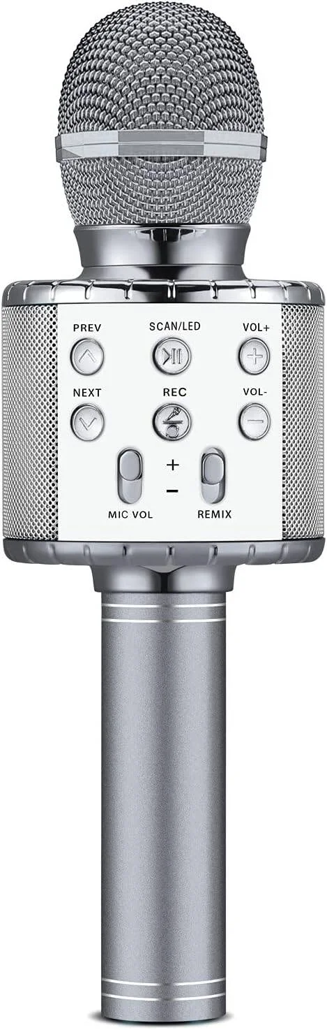 میکروفون کارائوکه کودکانه با چراغ های ال ای دی، میکروفون کارائوکه بلوتوث بی سیم برای آواز خواندن، دستگاه اسپیکر میکروفون دستی قابل حمل 4 در 1، هدیه و اسباب بازی عالی برای دختران، پسران، بزرگسالان در هر سنی - نقره ای