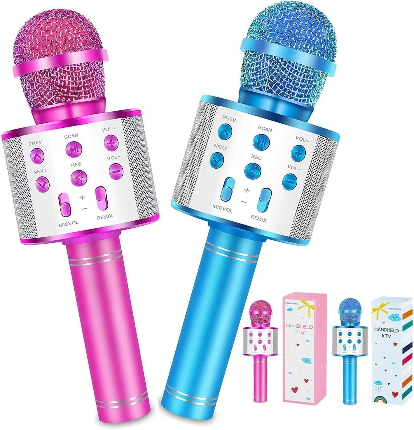میکروفون کارائوکه KONNAO برای کودکان، میکروفون و اسپیکر کارائوکه بی سیم 5 در 1 برای آواز خواندن، دستگاه کارائوکه برای بزرگسالان با 2 بسته مستقل، استیکرهای DIY، هدیه برای جشن تولد