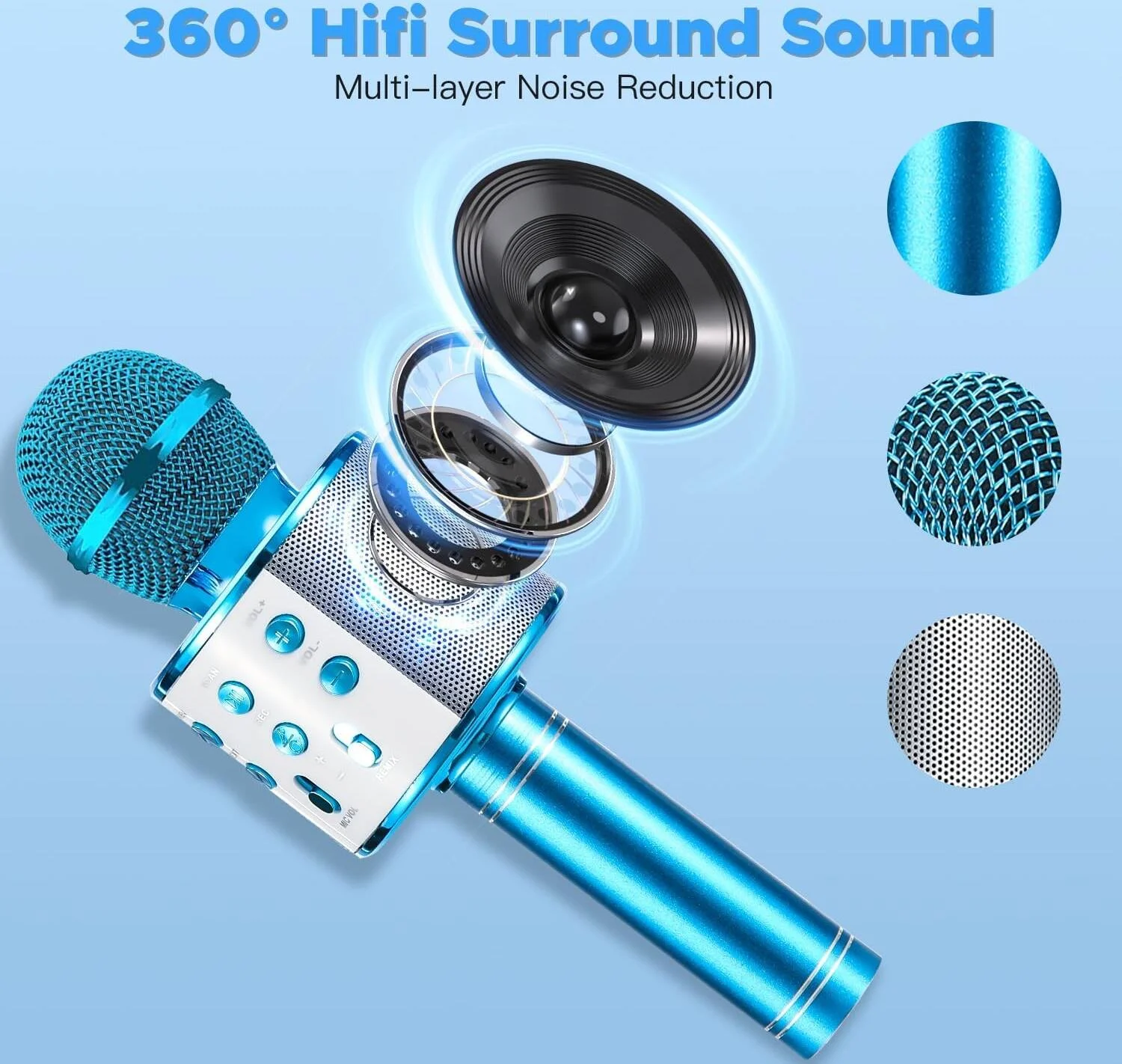 میکروفون کارائوکه KONNAO برای کودکان، میکروفون و اسپیکر کارائوکه بی سیم 5 در 1 برای آواز خواندن، دستگاه کارائوکه برای بزرگسالان با 2 بسته مستقل، استیکرهای DIY، هدیه برای جشن تولد