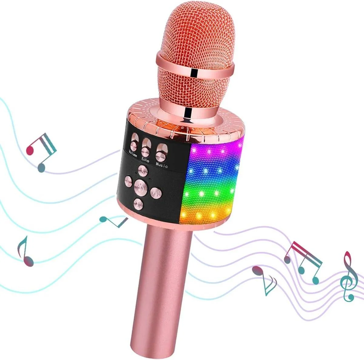 میکروفون کارائوکه بی‌سیم با کیف قابل حمل، بلندگوی بلوتوثی، میکروفون ضبط صدا با افکت پژواک و چراغ‌های LED مناسب مهمانی‌های خانگی و KTV، سازگار با تمام گوشی‌های هوشمند - رزگلد Cylk
