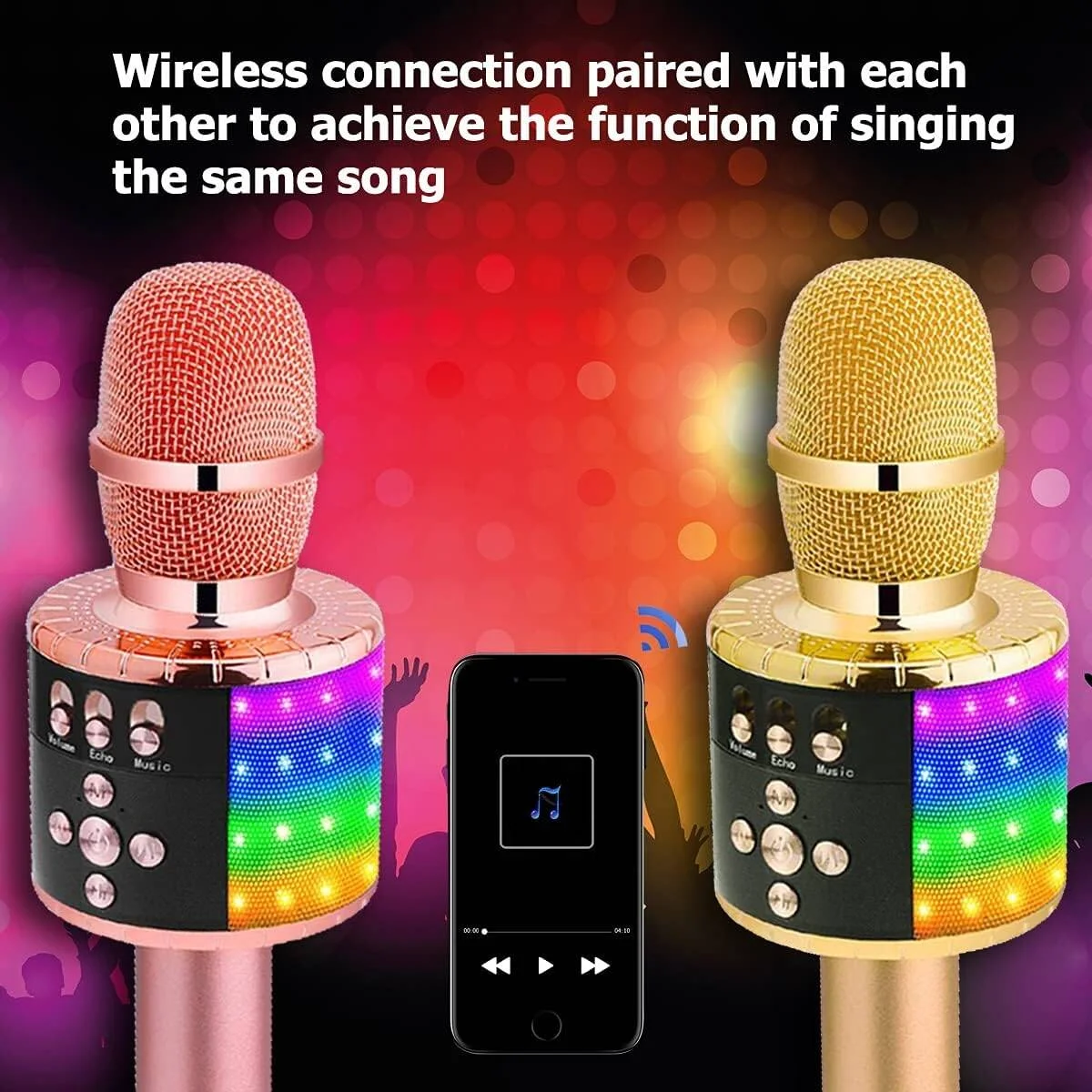 میکروفون کارائوکه بیسیم با کیف قابل حمل، بلندگوی بلوتوثی، میکروفون ضبط صدا با افکت پژواک و چراغهای LED مناسب مهمانیهای خانگی و KTV، سازگار با تمام گوشیهای هوشمند - رزگلد Cylk میکروفون کارائوکه بیسیم با کیف قابل حمل، بلندگوی بلوتوثی، میکروفون ضبط صدا با افکت پژواک و چراغهای LED مناسب مهمانیهای خانگی و KTV، سازگار با تمام گوشیهای هوشمند - رزگلد Cylk