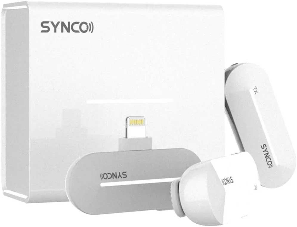 سیستم میکروفون بی‌سیم دیجیتال 2.4 گیگاهرتزی دو نفره Synco P2L، اتصال لایتنینگ، حذف نویز DSP، 9 افکت صوتی، 2 فرستنده/میکروفون گیره‌ای کوچک، برد 150 متری، جک 3.5 میلی‌متری، سفید | P2L-WH