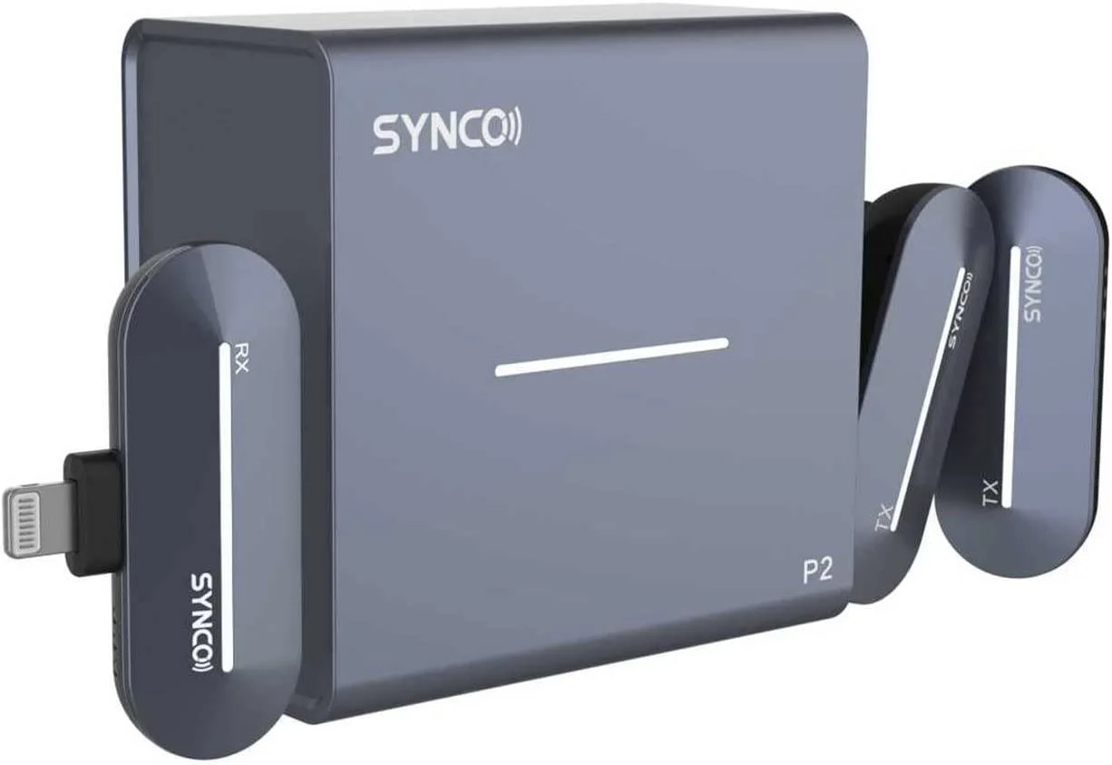 سیستم میکروفون بی‌سیم دیجیتال 2.4 گیگاهرتزی کوچک دو نفره Synco P2L، اتصال Lightning، حذف نویز DSP، 9 افکت صوتی، 2 فرستنده/میکروفون گیره‌ای کوچک، برد 150 متری، جک 3.5 میلی‌متری، مشکی | P2L-BL