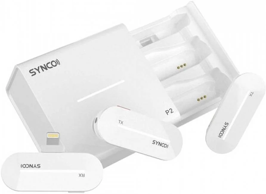 سیستم میکروفون بی‌سیم دیجیتال 2.4 گیگاهرتزی دو نفره Synco P2L، اتصال لایتنینگ، حذف نویز DSP، 9 افکت صوتی، 2 فرستنده/میکروفون گیره‌ای کوچک، برد 150 متری، جک 3.5 میلی‌متری، سفید | P2L-WH