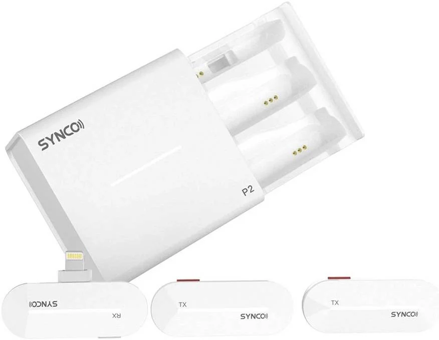سیستم میکروفون بی‌سیم دیجیتال 2.4 گیگاهرتزی دو نفره Synco P2L، اتصال لایتنینگ، حذف نویز DSP، 9 افکت صوتی، 2 فرستنده/میکروفون گیره‌ای کوچک، برد 150 متری، جک 3.5 میلی‌متری، سفید | P2L-WH