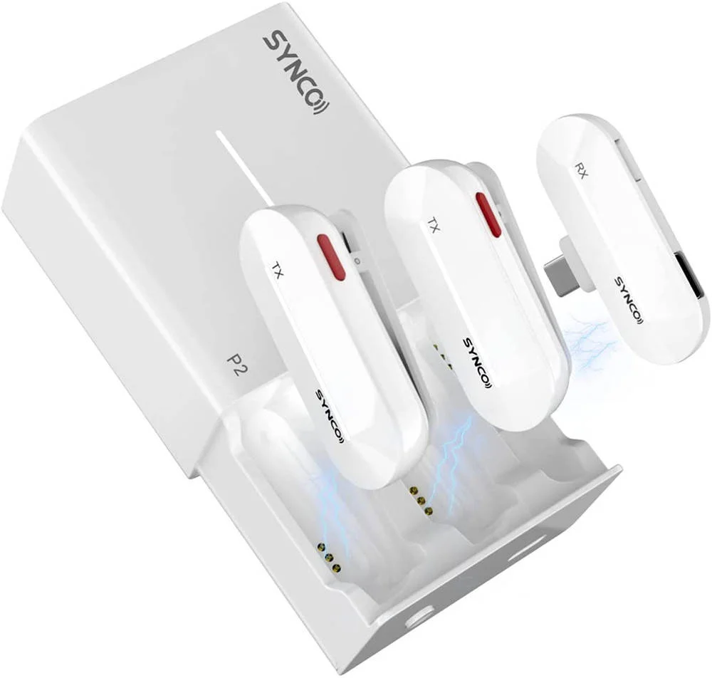 سیستم میکروفون بی‌سیم دیجیتال کوچک Synco P2T با اتصال USB برای اندروید، حذف نویز DSP، ۹ افکت صوتی، ۲ فرستنده/میکروفون گیره‌ای کوچک، برد ۱۵۰ متری، جک ۳.۵ میلی‌متری، سفید | P2T-WL