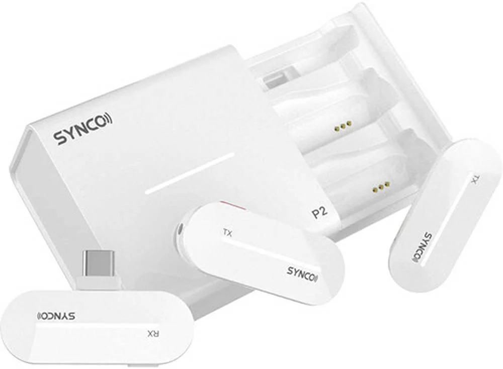 سیستم میکروفون بی‌سیم دیجیتال کوچک Synco P2T با اتصال USB برای اندروید، حذف نویز DSP، ۹ افکت صوتی، ۲ فرستنده/میکروفون گیره‌ای کوچک، برد ۱۵۰ متری، جک ۳.۵ میلی‌متری، سفید | P2T-WL