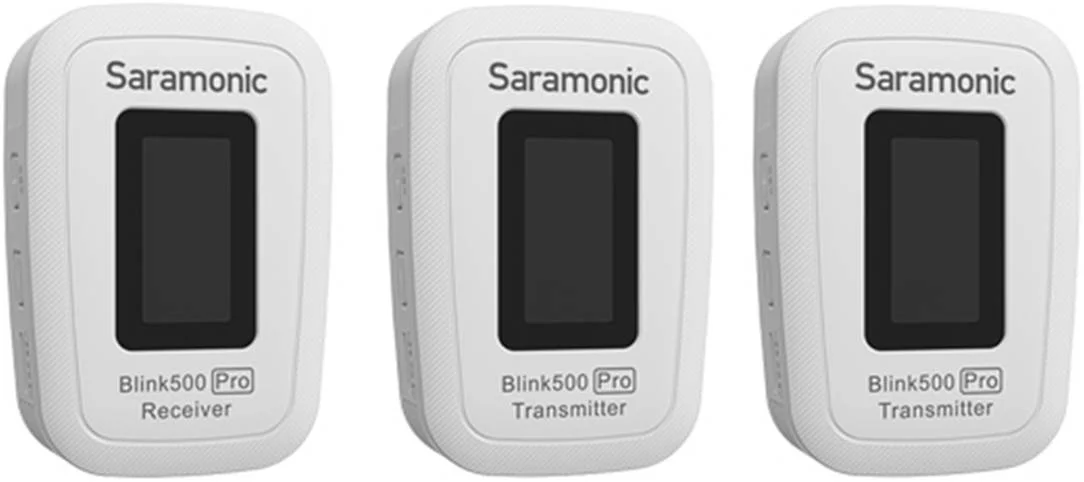 سیستم میکروفون بی سیم سارامونیک Blink 500 Pro B2، لاوالیر امنی (TX+TX+RX)، نصب روی دوربین دیجیتال برای 2 نفر، 8 ساعت عمر باتری، جفت شدن آسان با یک دکمه، ورودی میکروفون و لاین، سفید | Blink500ProB2W