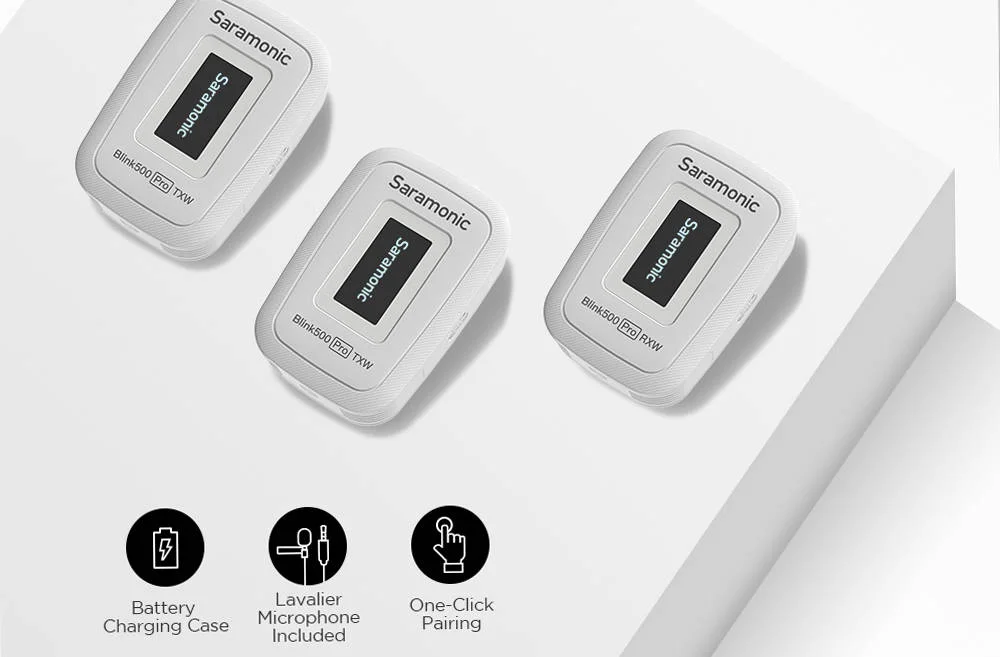 سیستم میکروفون بی سیم سارامونیک Blink 500 Pro B2، لاوالیر امنی (TX+TX+RX)، نصب روی دوربین دیجیتال برای 2 نفر، 8 ساعت عمر باتری، جفت شدن آسان با یک دکمه، ورودی میکروفون و لاین، سفید | Blink500ProB2W