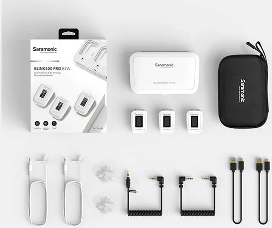 سیستم میکروفون بی سیم سارامونیک Blink 500 Pro B2، لاوالیر امنی (TX+TX+RX)، نصب روی دوربین دیجیتال برای 2 نفر، 8 ساعت عمر باتری، جفت شدن آسان با یک دکمه، ورودی میکروفون و لاین، سفید | Blink500ProB2W