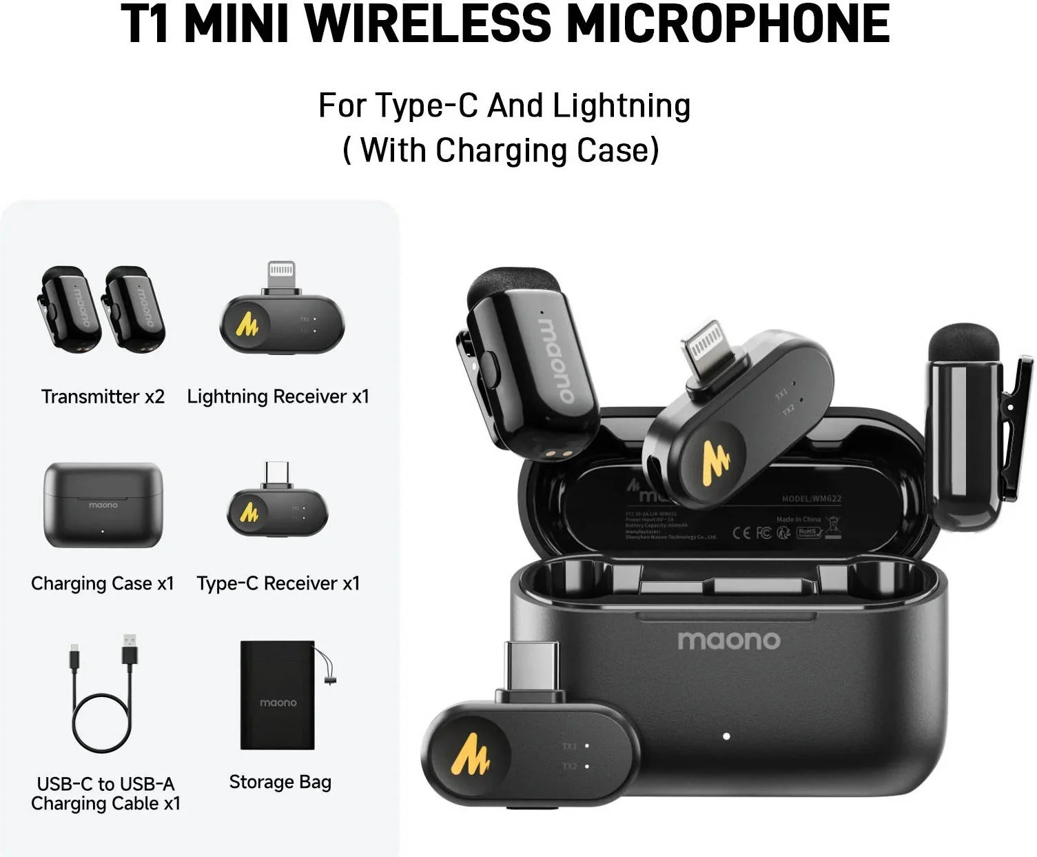 میکروفون بی‌سیم مائونو مدل Wave T1 Mini، صدای با کیفیت استودیویی 48 کیلوهرتز/16 بیت. حذف نویز هوش مصنوعی 4 سطحی، انتقال پایدار تا 100 متر، عمر باتری طولانی 30 ساعته، مشکی | WM622-PBC2