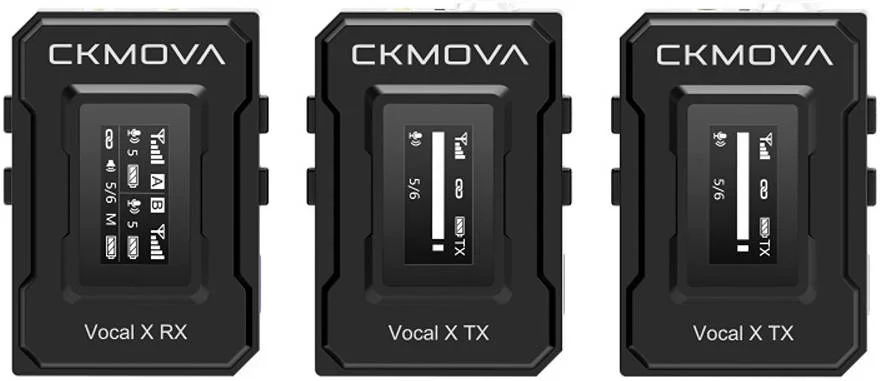 میکروفون بی‌سیم دو کاناله فوق‌العاده فشرده CKMOVA Vocal X V2، دارای 2 فرستنده TX و 1 گیرنده RX، نمایشگر OLED، مونو/استریو، خروجی 2.4 گیگاهرتز - برد 100 متری، باتری 10 ساعته، Type-C، 3.5 میلی‌متری، مشکی | Vocal X V2