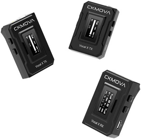 میکروفون بی‌سیم دو کاناله فوق‌العاده فشرده CKMOVA Vocal X V2، دارای 2 فرستنده TX و 1 گیرنده RX، نمایشگر OLED، مونو/استریو، خروجی 2.4 گیگاهرتز - برد 100 متری، باتری 10 ساعته، Type-C، 3.5 میلی‌متری، مشکی | Vocal X V2