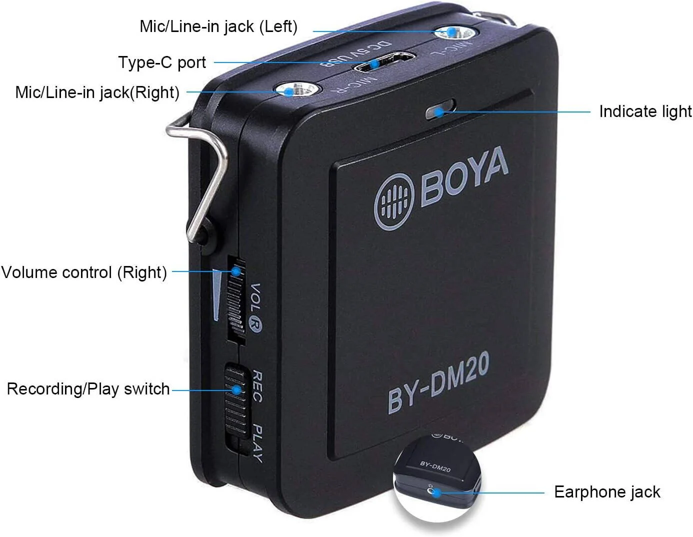 میکروفون یقهای دو کاناله جمع و جور بویا مدل BY-DM20، ضبط صدا، انتخاب حالت استریو/مونو و کنترل صدای جداگانه، خروجی هدفون 3.5 میلیمتری، مشکی | BY-DM20 میکروفون یقهای دو کاناله جمع و جور بویا مدل BY-DM20، ضبط صدا، انتخاب حالت استریو/مونو و کنترل صدای جداگانه، خروجی هدفون 3.5 میلیمتری، مشکی | BY-DM20