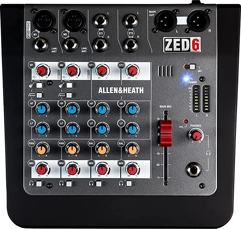 میکسر آنالوگ آلن اند هیت ZED-6 - کنسول رومیزی 6 کاناله فوق فشرده برای صدای زنده و استودیو با پری امپ های GSPre و اکولایزر MusiQ | ZED6