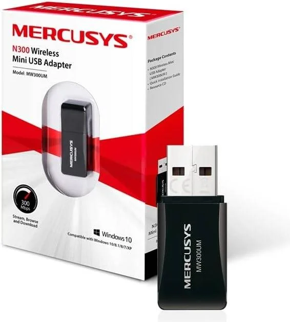 دانگل وای فای MERCUSYS، آداپتور مینی USB وایرلس N300 برای کامپیوتر/رومیزی/لپ تاپ، پشتیبانی از ویندوز 10/8.1/8/7/XP (MW300UM)