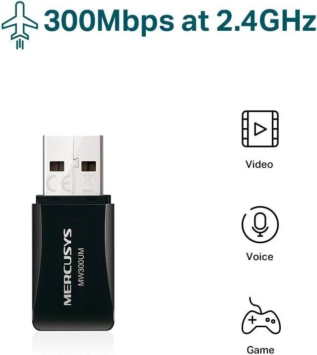 دانگل وای فای MERCUSYS، آداپتور مینی USB وایرلس N300 برای کامپیوتر/رومیزی/لپ تاپ، پشتیبانی از ویندوز 10/8.1/8/7/XP (MW300UM)