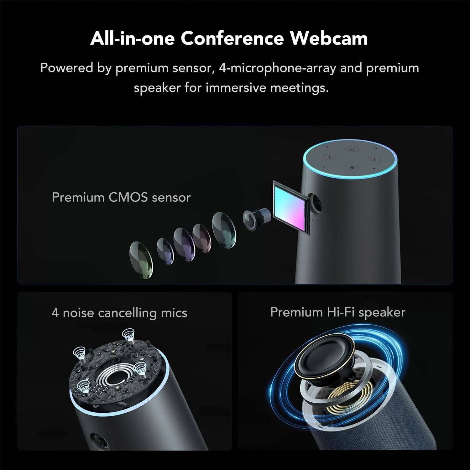 وب‌کم کنفرانس ویدیویی Nearity C45 2K با میکروفون و بلندگو، وب‌کم همه کاره با 4 میکروفون حذف نویز، زوم 5X FHD با قابلیت Auto-Framing و اتصال آسان برای Zoom/Teams/Google Meet