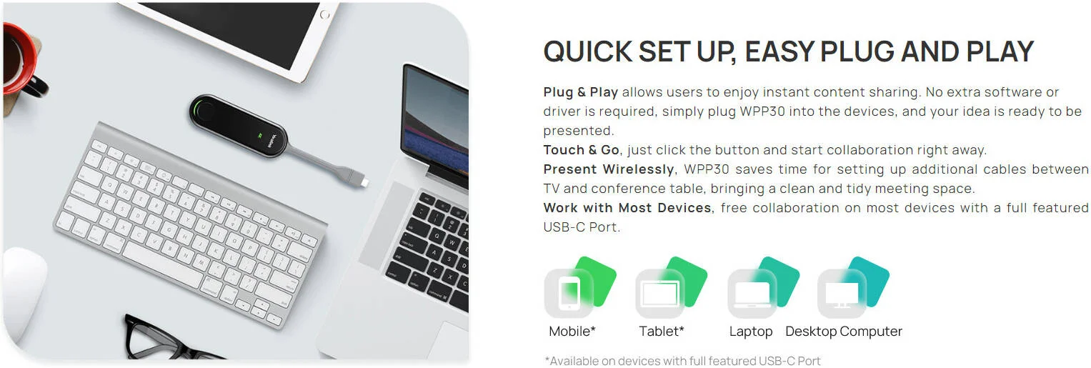 دستگاه ارسال بی‌سیم محتوا یلینک مدل WPP30 با کیفیت 4K، آداپتور USB-C به USB-A، اشتراک‌گذاری بی‌سیم صفحه نمایش به تلویزیون، پشتیبانی از 4 صفحه نمایش همزمان، سازگار با نمایشگر لمسی، رنگ مشکی | WPP30