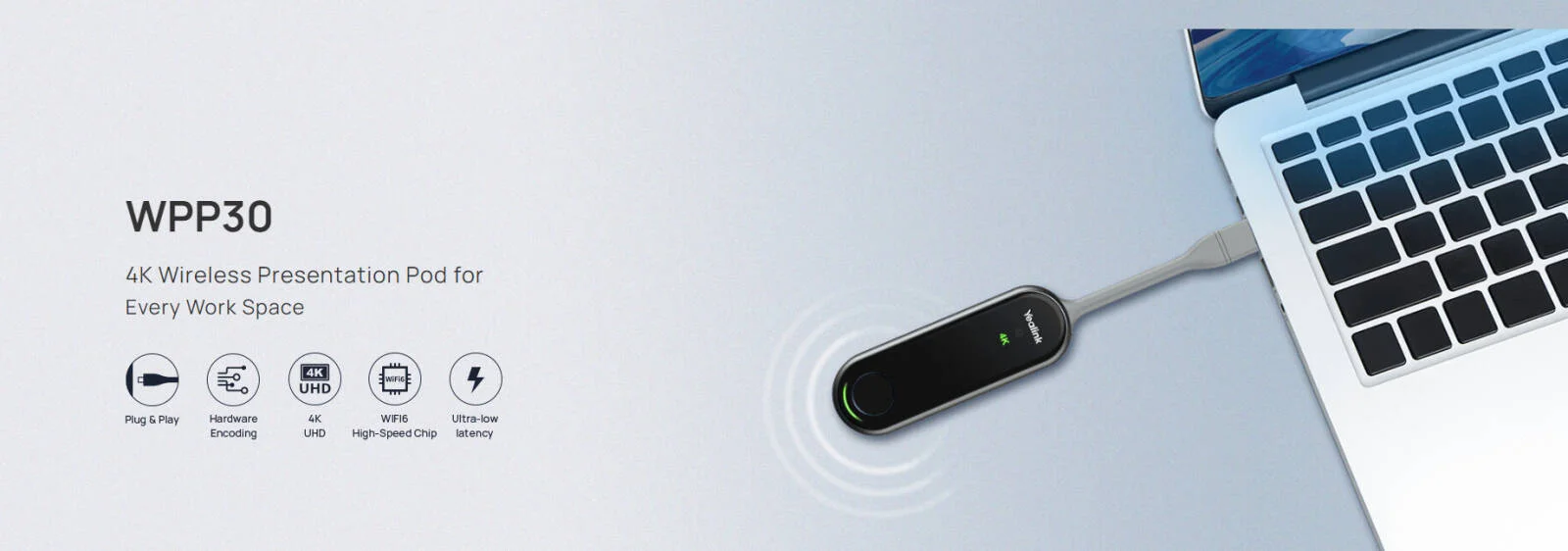 دستگاه ارسال بی‌سیم محتوا یلینک مدل WPP30 با کیفیت 4K، آداپتور USB-C به USB-A، اشتراک‌گذاری بی‌سیم صفحه نمایش به تلویزیون، پشتیبانی از 4 صفحه نمایش همزمان، سازگار با نمایشگر لمسی، رنگ مشکی | WPP30