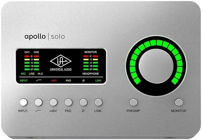 کارت صدای Universal Audio APLS-HE Apollo Solo Heritage Edition، عملکرد با تأخیر نزدیک به صفر، 2 ورودی آنالوگ / 2 خروجی آنالوگ، حداکثر دقت AD/DA، فیلتر بالاگذر 48 ولت، نقره ای | APLS-HE WW