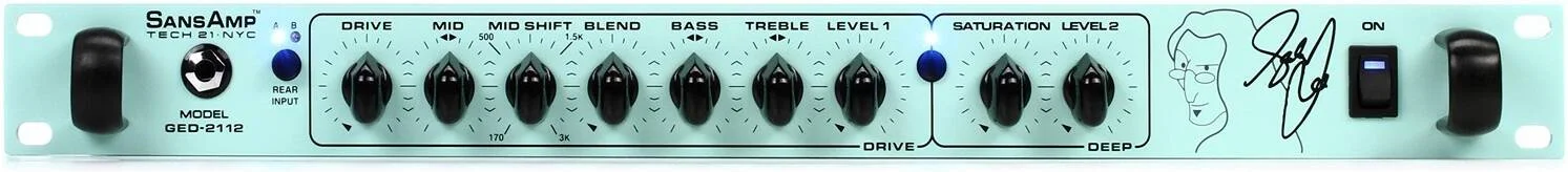 پری آمپ رک مونت Tech 21 Geddy Lee Signature SansAmp 1U، دوگانه، مدارهای تمام آنالوگ SansAmp، خروجی تیونر، حلقه افکت با سوییچ میکس 50/50، خروجی 1/4 اینچی بدون افکت، کنترل درایو | GED-2112