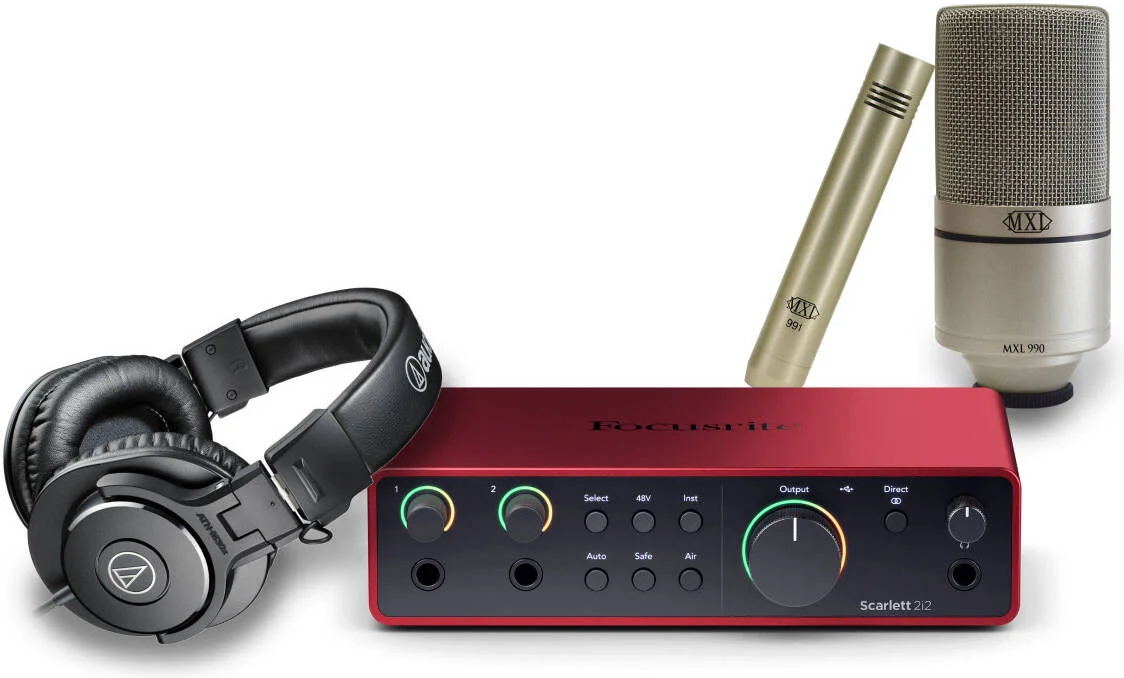 پکیج استودیوی ضبط خانگی - کارت صدای Focusrite Scarlett 2i2 (نسل 4) + میکروفون خازنی MXL 990/991 + هدفون Audio-Technica ATH-M30x