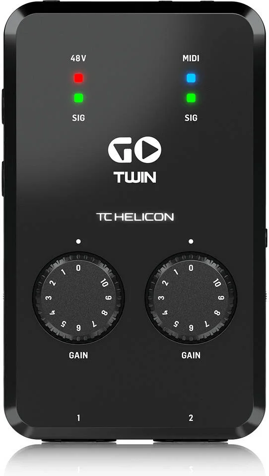 اینترفیس صوتی/MIDI دو کاناله TC-Helicon Go Twin، اینترفیس صوتی قابل حمل برای دستگاه های موبایل، 2 ورودی میکروفون/لاین/ساز، فانتوم پاور 48 ولت، 2 خروجی TRS، رزولوشن 24 بیتی، مشکی | GOTWIN