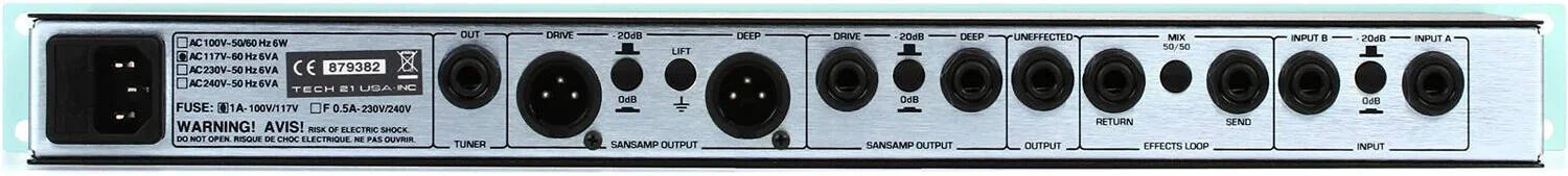 پری آمپ رک مونت Tech 21 Geddy Lee Signature SansAmp 1U، دوگانه، مدارهای تمام آنالوگ SansAmp، خروجی تیونر، حلقه افکت با سوییچ میکس 50/50، خروجی 1/4 اینچی بدون افکت، کنترل درایو | GED-2112