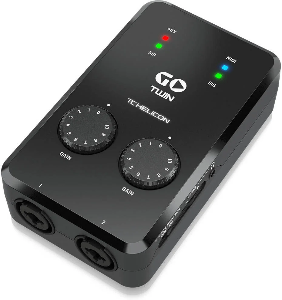 اینترفیس صوتی/MIDI دو کاناله TC-Helicon Go Twin، اینترفیس صوتی قابل حمل برای دستگاه های موبایل، 2 ورودی میکروفون/لاین/ساز، فانتوم پاور 48 ولت، 2 خروجی TRS، رزولوشن 24 بیتی، مشکی | GOTWIN