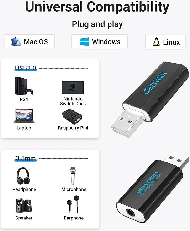 کارت صدای اکسترنال USB ونشن، پشتیبانی از دستگاه های صوتی CITA و OMTP، بازتولید صدای عالی، سازگار با Win 10 / Win 8 / Win 7 / Linux / Vista / Mac OS، بدنه فلزی، مشکی | VAB-S16-B