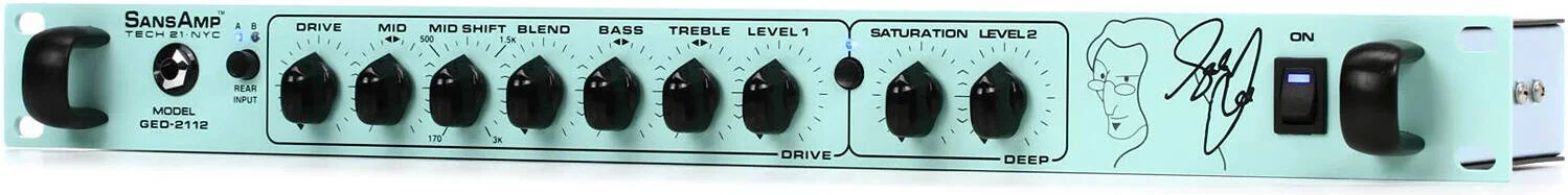 پری آمپ رک مونت Tech 21 Geddy Lee Signature SansAmp 1U، دوگانه، مدارهای تمام آنالوگ SansAmp، خروجی تیونر، حلقه افکت با سوییچ میکس 50/50، خروجی 1/4 اینچی بدون افکت، کنترل درایو | GED-2112