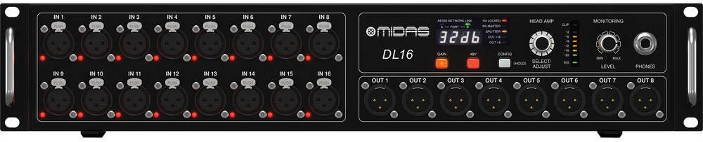 جعبه استیج 16 ورودی / 8 خروجی Midas DL16 با 16 پری امپ میکروفون Midas، 8 خروجی سطح لاین امپدانس پایین، پورت های دوگانه AES50 برای اتصال واحدهای بیشتر، خروجی های دوگانه ADAT، بدنه مقاوم 2U، مشکی | DL16