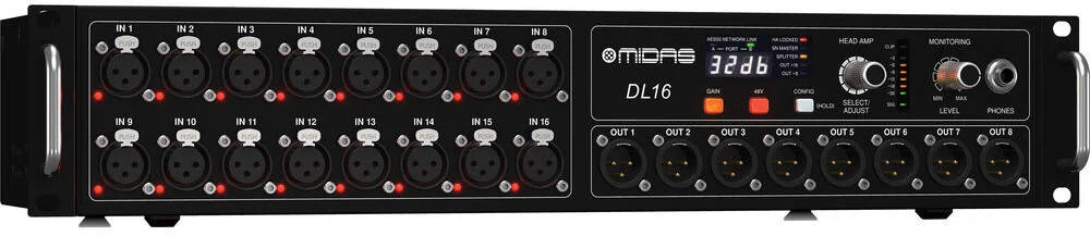 جعبه استیج 16 ورودی / 8 خروجی Midas DL16 با 16 پری امپ میکروفون Midas، 8 خروجی سطح لاین امپدانس پایین، پورت های دوگانه AES50 برای اتصال واحدهای بیشتر، خروجی های دوگانه ADAT، بدنه مقاوم 2U، مشکی | DL16
