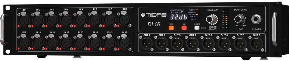 جعبه استیج 16 ورودی / 8 خروجی Midas DL16 با 16 پری امپ میکروفون Midas، 8 خروجی سطح لاین امپدانس پایین، پورت های دوگانه AES50 برای اتصال واحدهای بیشتر، خروجی های دوگانه ADAT، بدنه مقاوم 2U، مشکی | DL16