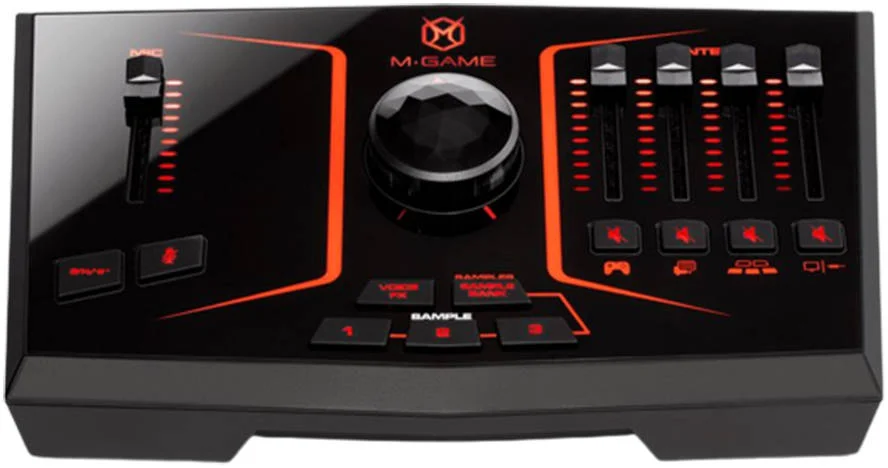 میکسر کارت صدای USB ام-آدیو ام-گیم سولو، برای استریم و گیمینگ، با میکروفون XLR، ورودی اپتیکال، افکت های صدا، سمپلر و نرم افزار اختصاصی، نرخ نمونه برداری 48 کیلوهرتز، مشکی | MGAMESOLOXEU