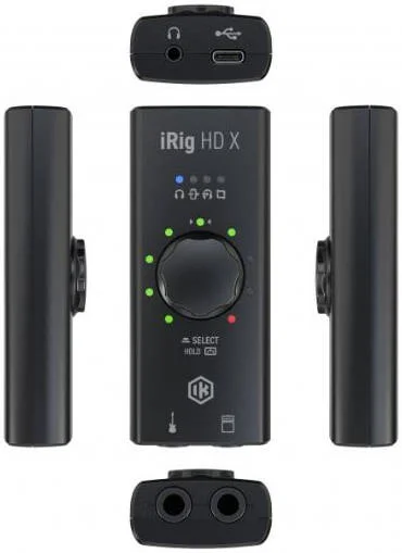 اینترفیس گیتار IK Multimedia iRig HD X برای آیفون، آیپد، مک و کامپیوتر، اینترفیس گیتار قابل حمل USB با تبدیل 24 بیتی/96 کیلوهرتز A/D، پری امپ ساز Hi-Z، خروجی های آمپلی فایر و هدفون، TONEX SE و آمپ